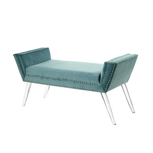 Homeroots 45" Slate Blue And Clear Upholstered Velvet Bench Slate Blue Manufactured Wood 490879