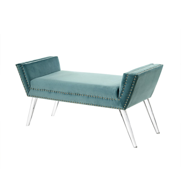 Homeroots 45" Slate Blue And Clear Upholstered Velvet Bench Slate Blue Manufactured Wood 490879
