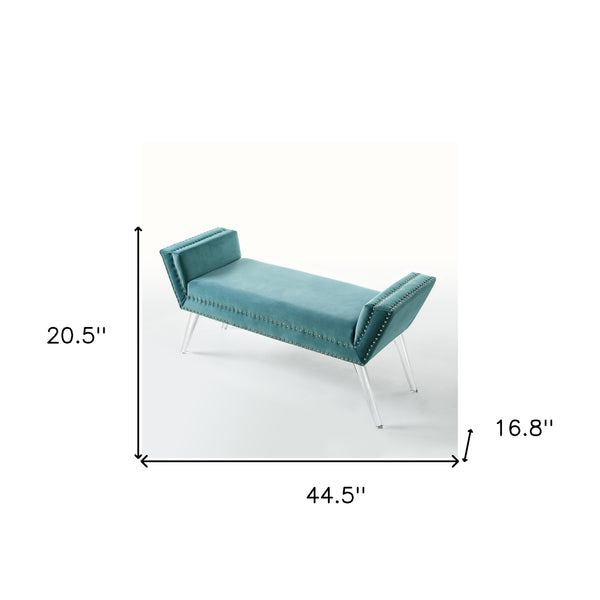 Homeroots 45" Slate Blue And Clear Upholstered Velvet Bench Slate Blue Manufactured Wood 490879