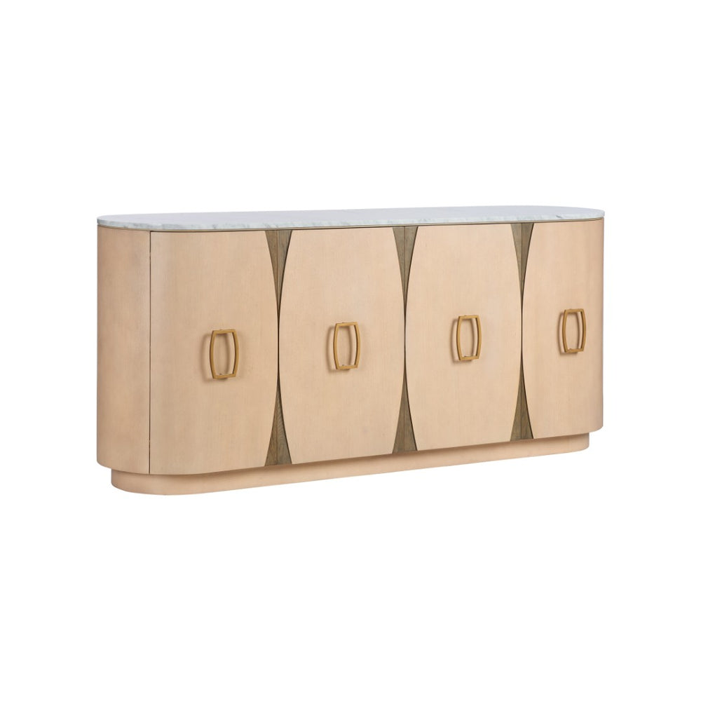 Wildwood Langley Marble-Top Credenza In White Oak With Brass Hardware, Contrasting Inlays, Durable Storage 490883