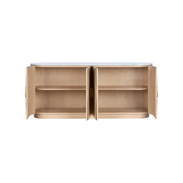 Wildwood Langley Marble-Top Credenza In White Oak With Brass Hardware, Contrasting Inlays, Durable Storage 490883