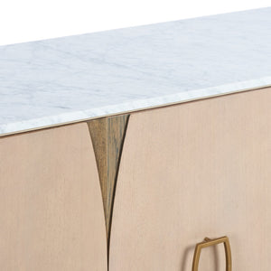 Wildwood Langley Marble-Top Credenza In White Oak With Brass Hardware, Contrasting Inlays, Durable Storage 490883