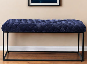 Homeroots 39" Navy Blue And Black Velvet Upholstered Bench Navy Metal 490884