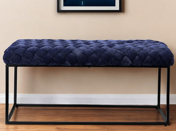 Homeroots 39" Navy Blue And Black Velvet Upholstered Bench Navy Metal 490884