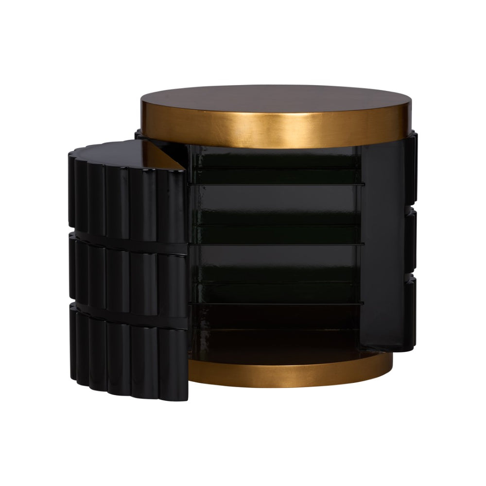 Wildwood Ridgeworth Sculptural Accent Table With Ribbed Black Body, Gold Leaf Top & Hidden Storage, 24.5"H 490886