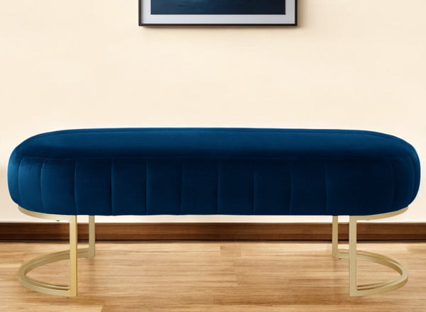 Homeroots 53" Navy Blue And Gold Tufted Velvet Upholstered Bench Navy,Gold,Velvet Metal 490887