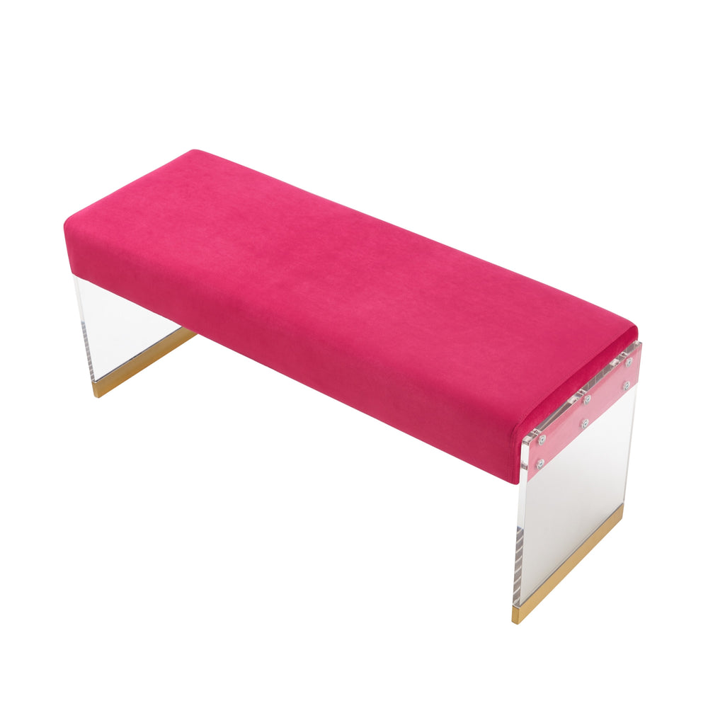 Homeroots 42" Fuchsia And Clear Upholstered Velvet Bench Fuchsia,Gold Acrylic 490889