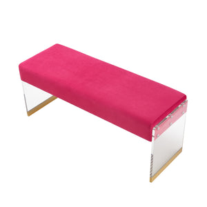 Homeroots 42" Fuchsia And Clear Upholstered Velvet Bench Fuchsia,Gold Acrylic 490889
