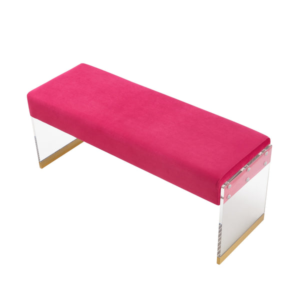Homeroots 42" Fuchsia And Clear Upholstered Velvet Bench Fuchsia,Gold Acrylic 490889