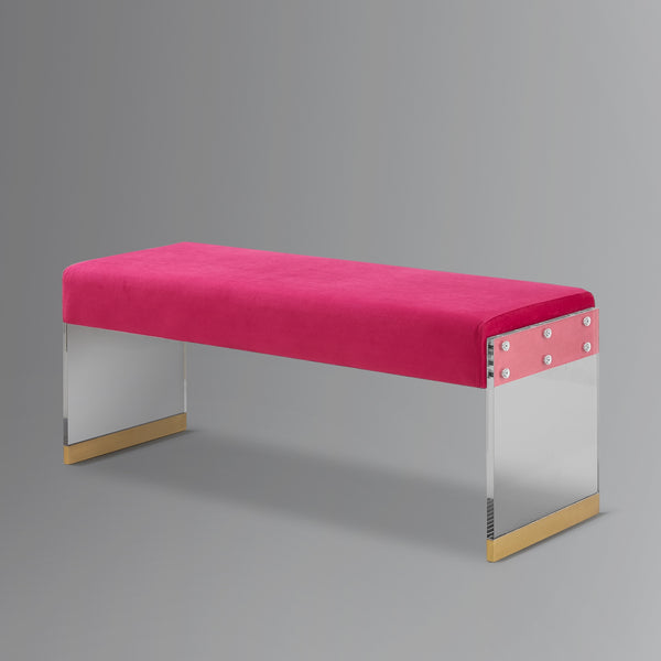 Homeroots 42" Fuchsia And Clear Upholstered Velvet Bench Fuchsia,Gold Acrylic 490889