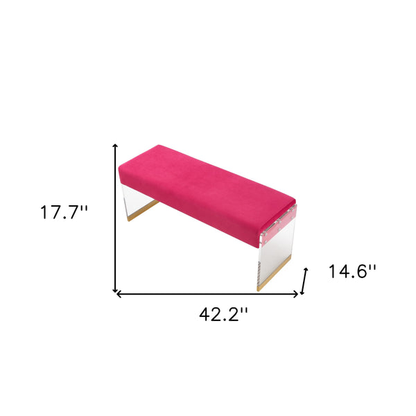 Homeroots 42" Fuchsia And Clear Upholstered Velvet Bench Fuchsia,Gold Acrylic 490889