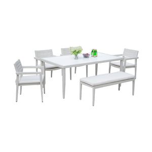 English Elm 6PC Patio Dining Set with Sunbrella Cushions, Aluminum Wood-Style Frame, Bench & 4 Chairs, Rust-Free Elegance W1886S00005