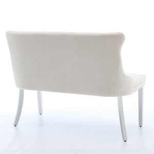 English Elm Velvet Wingback Dining Bench Tufted Two Seat Mid Century Modern Brushed Steel Base Beige W1143P406980