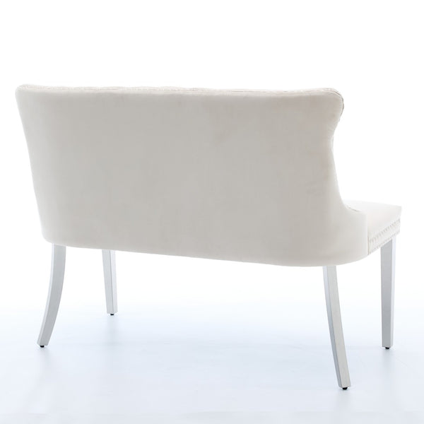 English Elm Velvet Wingback Dining Bench Tufted Two Seat Mid Century Modern Brushed Steel Base Beige W1143P406980