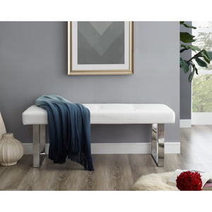 Homeroots 48" White And Silver Upholstered Faux Leather Bench White,Leather Pu Manufactured Wood 490909