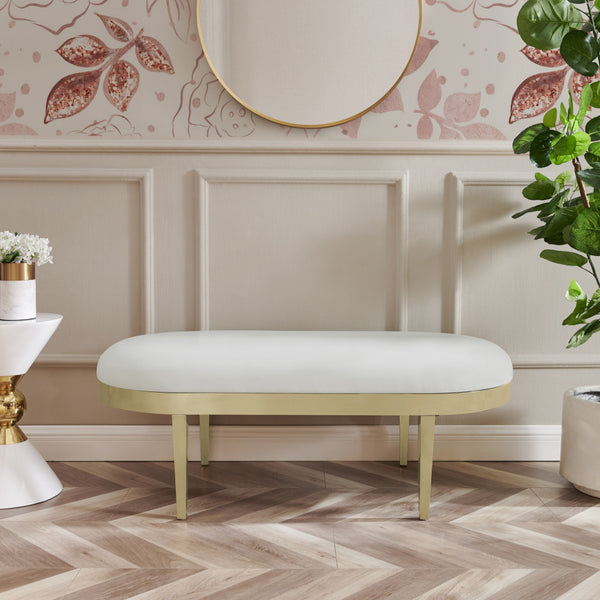 Homeroots 48" White And Gold Upholstered Faux Leather Bench White,Leather Pu Metal 490917
