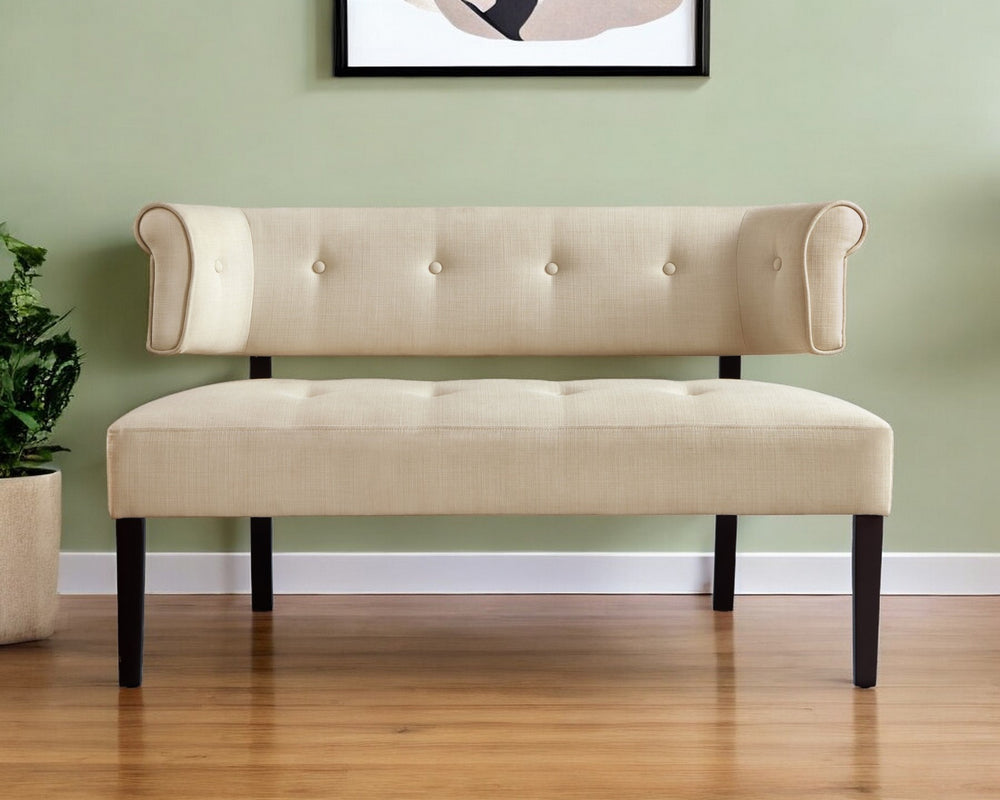 Homeroots 48" Beige And Dark Brown Upholstered Linen Bench Beige,Linen Manufactured Wood 490925