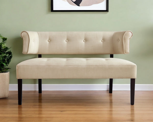 Homeroots 48" Beige And Dark Brown Upholstered Linen Bench Beige,Linen Manufactured Wood 490925