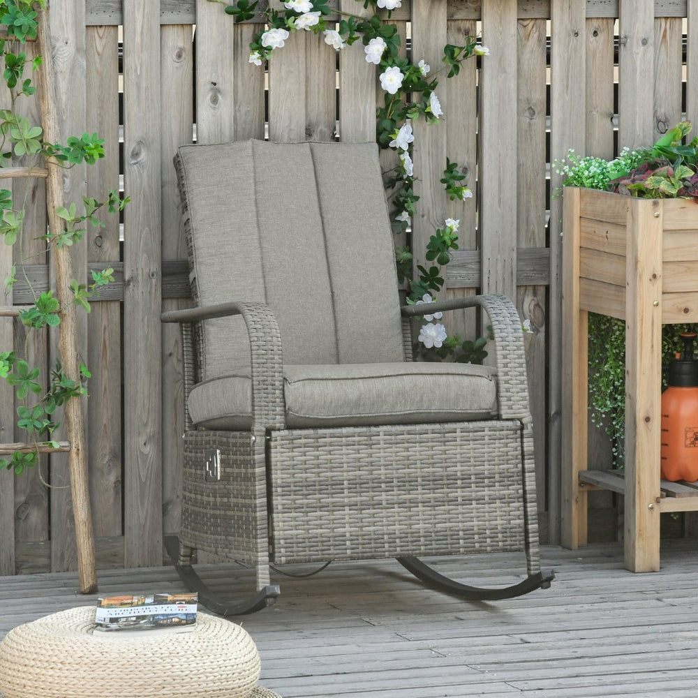 English Elm Outsunny Outdoor Rattan Rocking Recliner With Cushions, Adjustable Footrest & Durable Gray Wicker W2225P174015-GIGA
