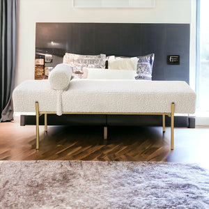 Homeroots 56" Beige And Gold Upholstered Sherpa Bench Beige Metal 490935