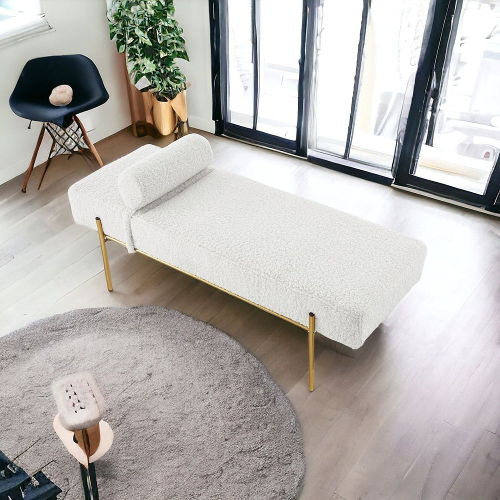 HomeRoots 56" Upholstered Sherpa Bench with Gold Metal Frame – Modern Glam and Comfort for Any Space Cream White 490937