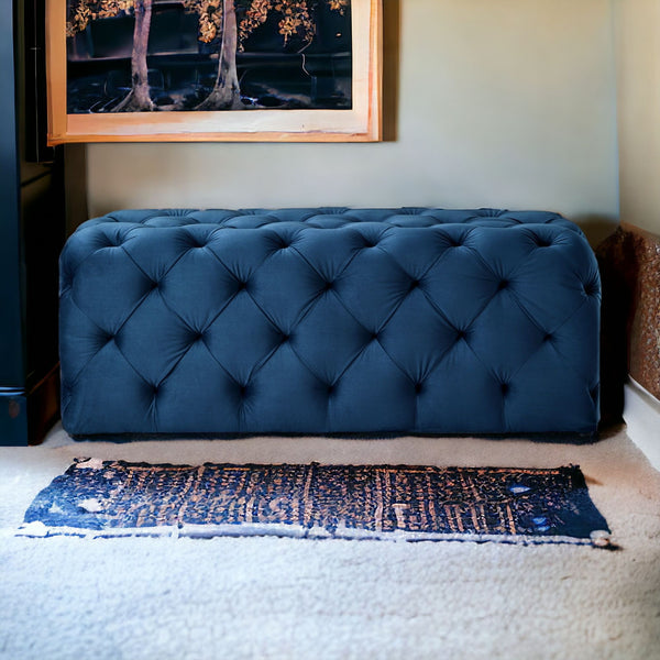 Homeroots 48" Navy Blue And Black Upholstered Velvet Bench Navy,Velvet Manufactured Wood 490940