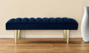 Homeroots 53" Navy Blue And Gold Tufted Velvet Upholstered Bench Navy,Gold Metal 490947