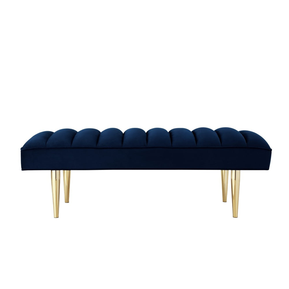 HomeRoots 53" Elegant Upholstered Velvet Bench with Modern Silver Metal Base for Stylish Entryway or Bedroom Navy/Gold 490947