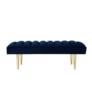 Homeroots 53" Navy Blue And Gold Tufted Velvet Upholstered Bench Navy,Gold Metal 490947