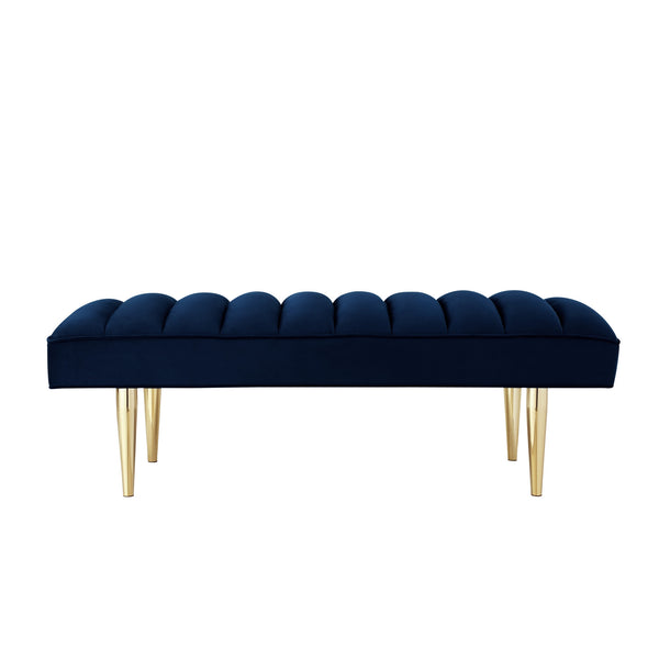 Homeroots 53" Navy Blue And Gold Tufted Velvet Upholstered Bench Navy,Gold Metal 490947