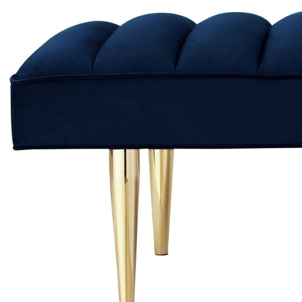 HomeRoots 53" Elegant Upholstered Velvet Bench with Modern Silver Metal Base for Stylish Entryway or Bedroom Navy/Gold 490947