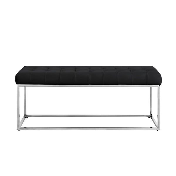 Homeroots 48" Black And Silver Upholstered Faux Leather Bench Black,Chrome Metal 490949