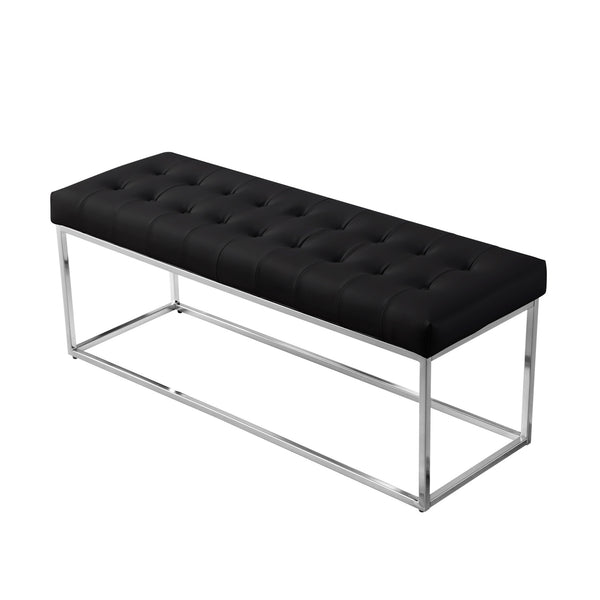 Homeroots 48" Black And Silver Upholstered Faux Leather Bench Black,Chrome Metal 490949