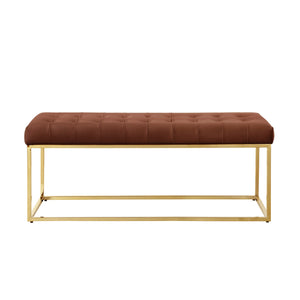 Homeroots 48" Camel And Gold Upholstered Faux Leather Bench Camel Brown,Gold Metal 490950