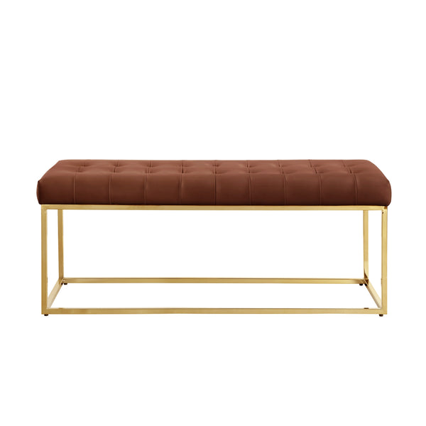 Homeroots 48" Camel And Gold Upholstered Faux Leather Bench Camel Brown,Gold Metal 490950