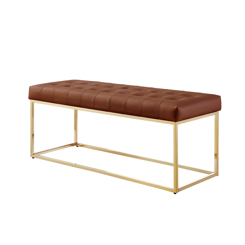 Homeroots 48" Camel And Gold Upholstered Faux Leather Bench Camel Brown,Gold Metal 490950