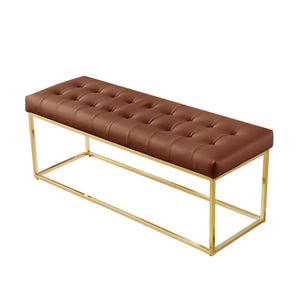 Homeroots 48" Camel And Gold Upholstered Faux Leather Bench Camel Brown,Gold Metal 490950