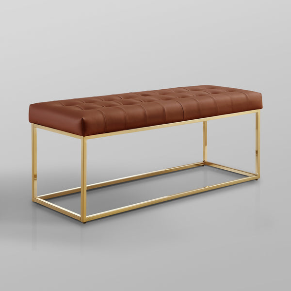 Homeroots 48" Camel And Gold Upholstered Faux Leather Bench Camel Brown,Gold Metal 490950