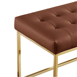 Homeroots 48" Camel And Gold Upholstered Faux Leather Bench Camel Brown,Gold Metal 490950