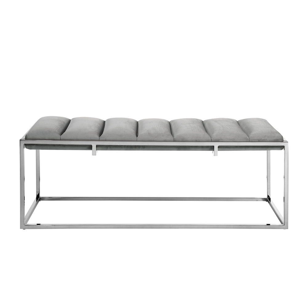 Homeroots 50" Gray And Silver Tufted Velvet Upholstered Bench Grey,Chrome Metal 490956