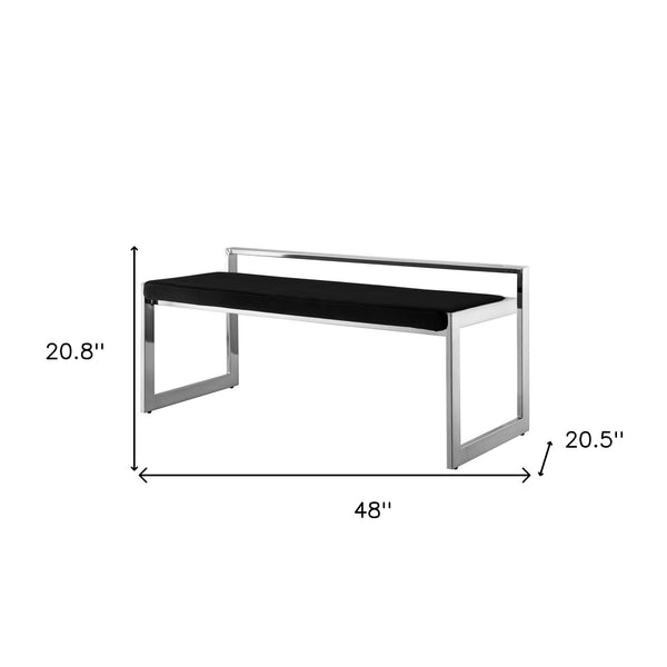 Homeroots 48" Black And Silver Velvet Upholstered Bench Black,Chrome Metal 490958
