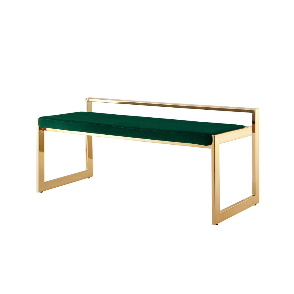 HomeRoots 48" Velvet Upholstered Bench with Stylish Silver Frame - Elegant Seating for Entryways & Bedrooms Green/Gold 490959