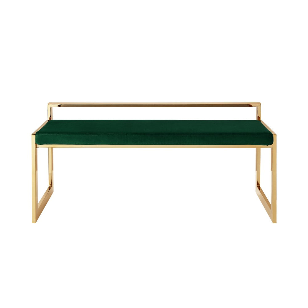 HomeRoots 48" Velvet Upholstered Bench with Stylish Silver Frame - Elegant Seating for Entryways & Bedrooms Green/Gold 490959