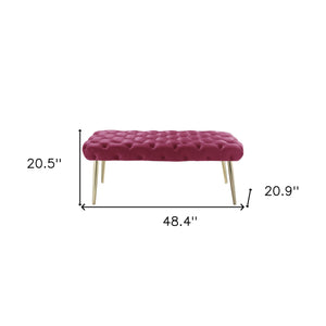 Homeroots 48" Fuchsia And Gold Tufted Velvet Upholstered Bench Fuchsia,Gold Metal 490969
