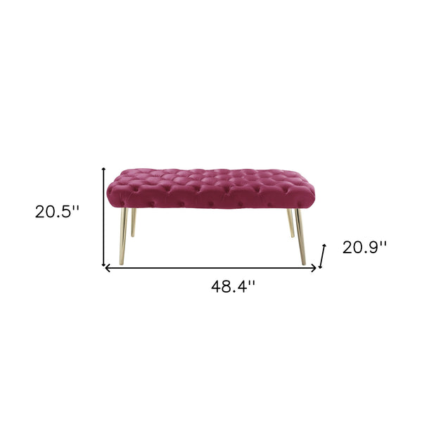 Homeroots 48" Fuchsia And Gold Tufted Velvet Upholstered Bench Fuchsia,Gold Metal 490969