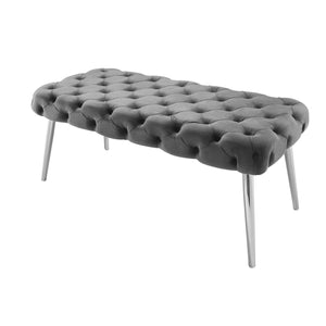 Homeroots 48" Gray And Silver Tufted Velvet Upholstered Bench Grey,Chrome Metal 490970