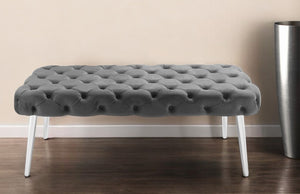 Homeroots 48" Gray And Silver Tufted Velvet Upholstered Bench Grey,Chrome Metal 490970