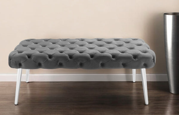 Homeroots 48" Gray And Silver Tufted Velvet Upholstered Bench Grey,Chrome Metal 490970