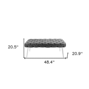 Homeroots 48" Gray And Silver Tufted Velvet Upholstered Bench Grey,Chrome Metal 490970