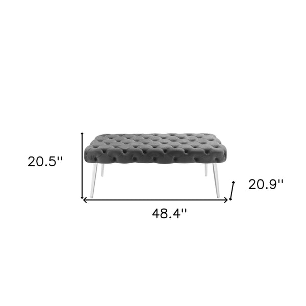 Homeroots 48" Gray And Silver Tufted Velvet Upholstered Bench Grey,Chrome Metal 490970